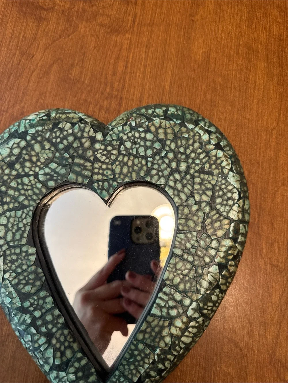 Heart-Shaped Wall Mirror with Green Crackle Frame
